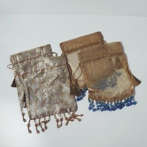 Set of 4 Vintage Beaded Drawstring Bags – Organza/Sheer with Tassels & Metallic